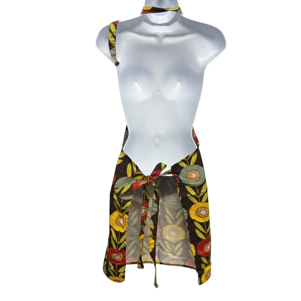Now Designs Retro Floral Cotton Chef Apron Brown Red Yellow Blue MCM Pocket